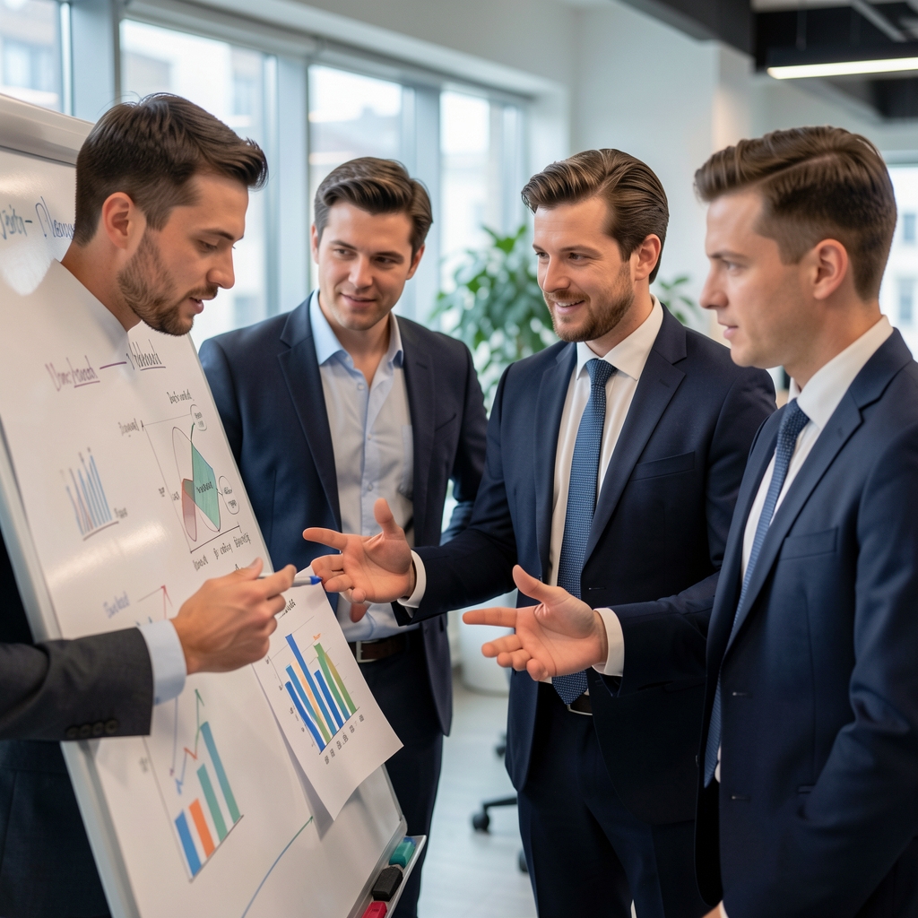 Tým platformy Plevavosko – čtyři profesionálové v moderní kanceláři v Praze diskutují nad finanční prezentací na bílé tabuli