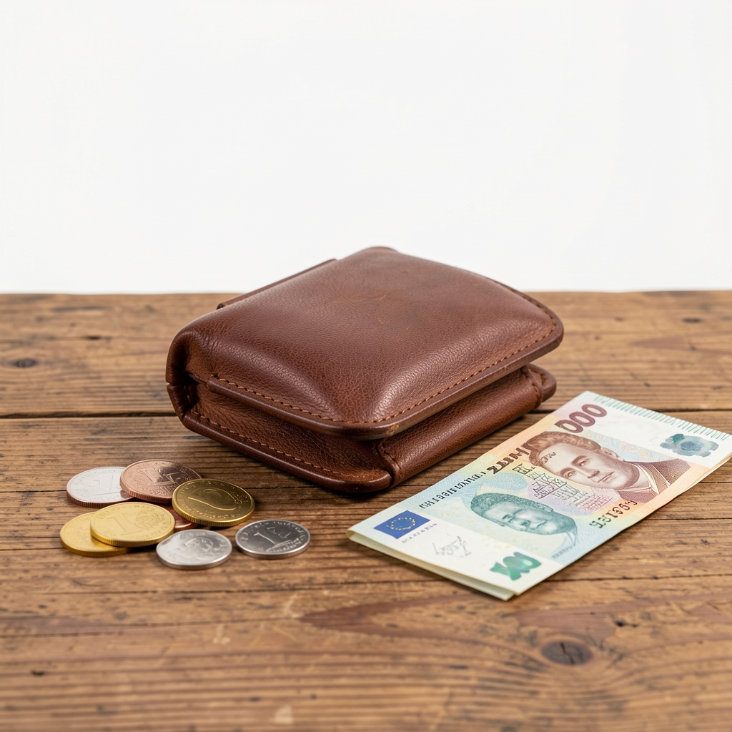 Prasátko kasičky na dřevěném stole vedle mincí a bankovek, bílé pozadí, přirozené světlo