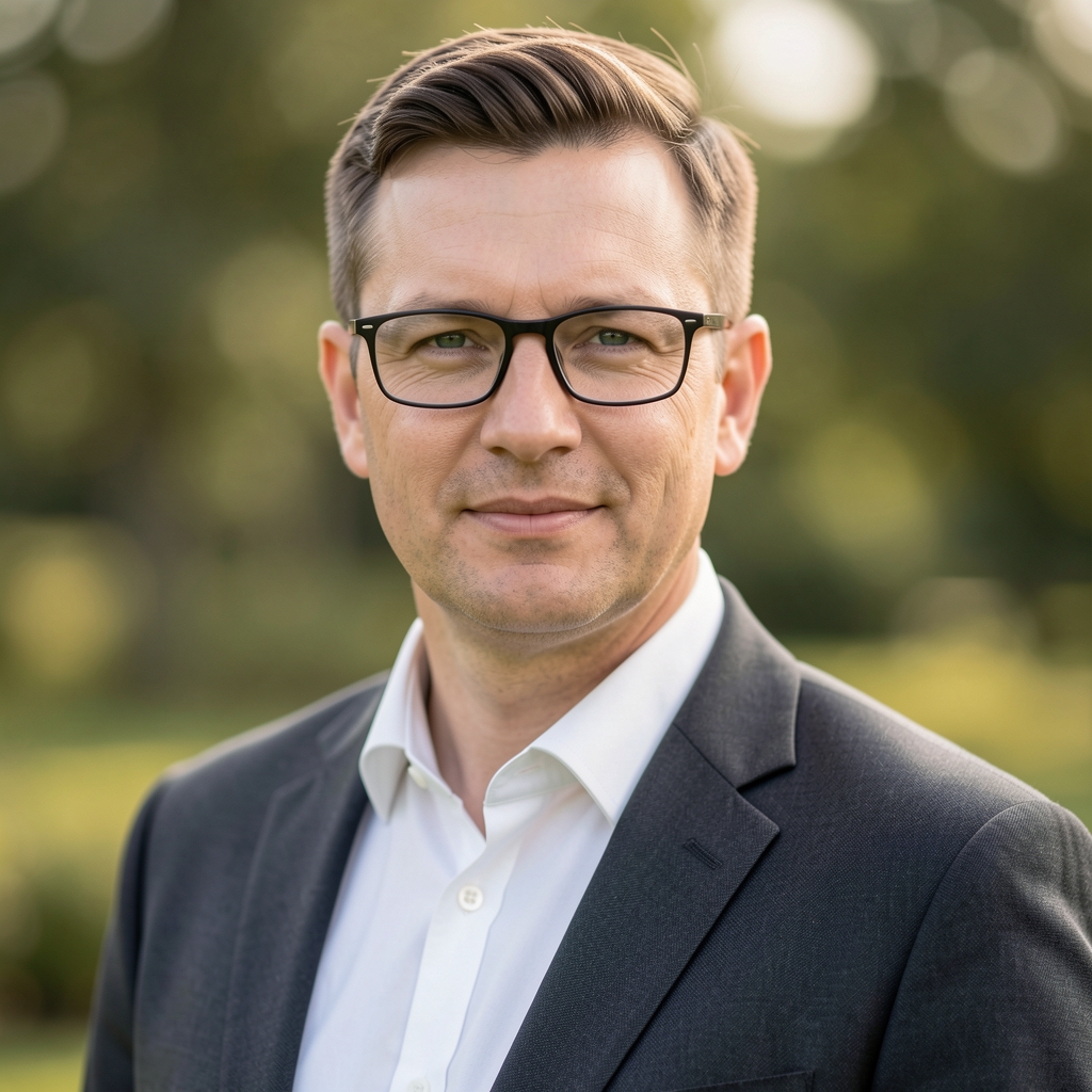 Portrét Ing. Jakuba Součka, specialisty na penzijní systémy a důchodové plánování, muž kolem čtyřiceti pěti let s brýlemi